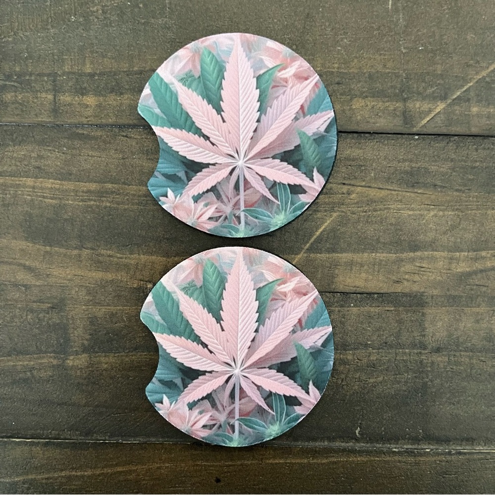 Pink Hemp Leaf Car Coasters-Set of 2
